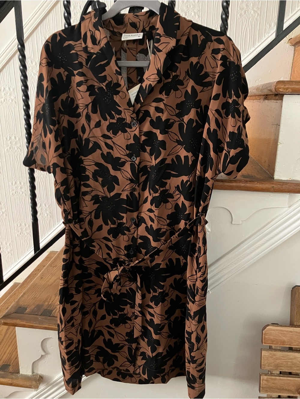 NWT Frank and Oak brown black botanical print shirt dress size L large